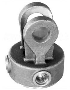 SMI hydraulic end cap double lug cast steel cylinder component — machined pin bores and port to customer drawing