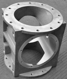 SMI rotary valve casing large format dual circular flanged openings cast iron — precision machined flange faces to customer specification
