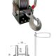 Hand winch with cable drum and hook — engineering drawing showing key dimensions, custom configurations available